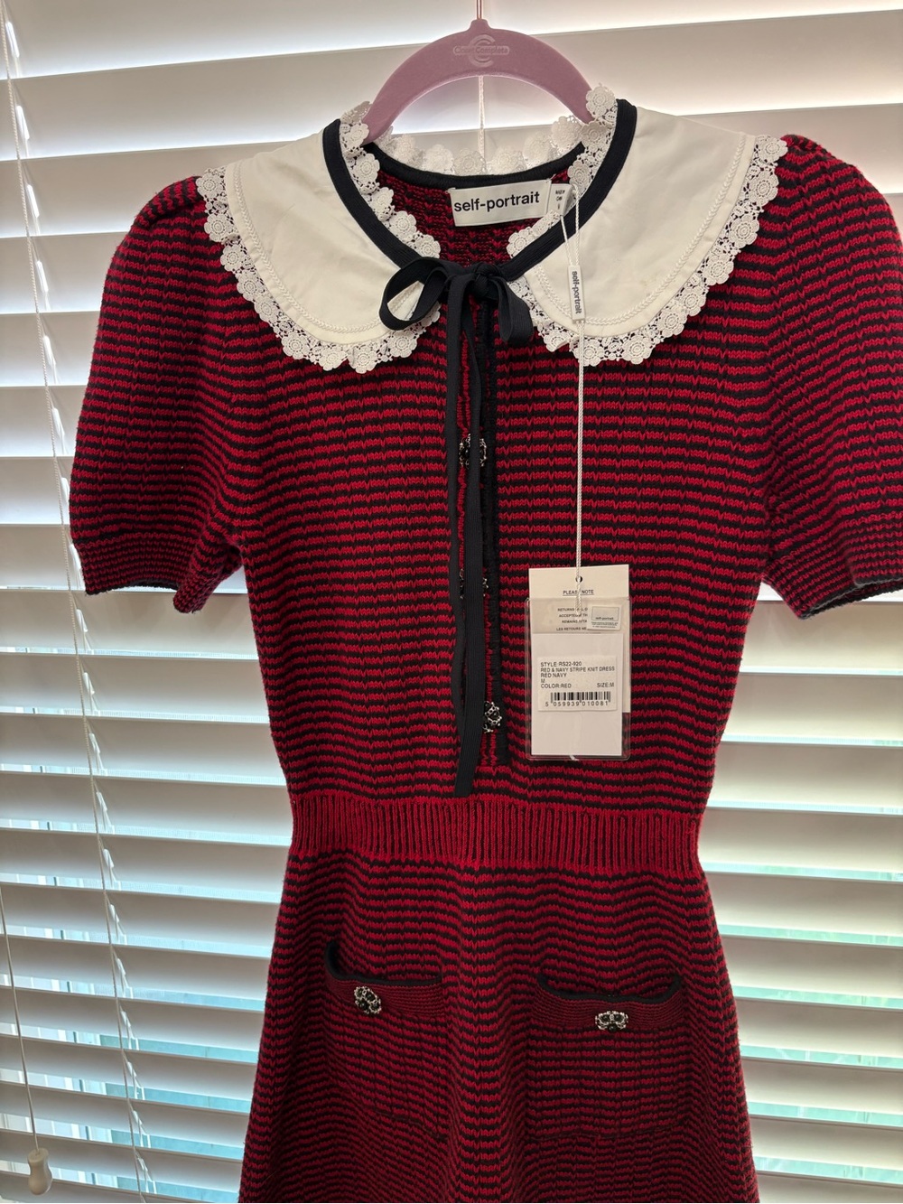 Self-Portrait Red and Black Knit Dress with White Lace Collar - Picture 3 of 8